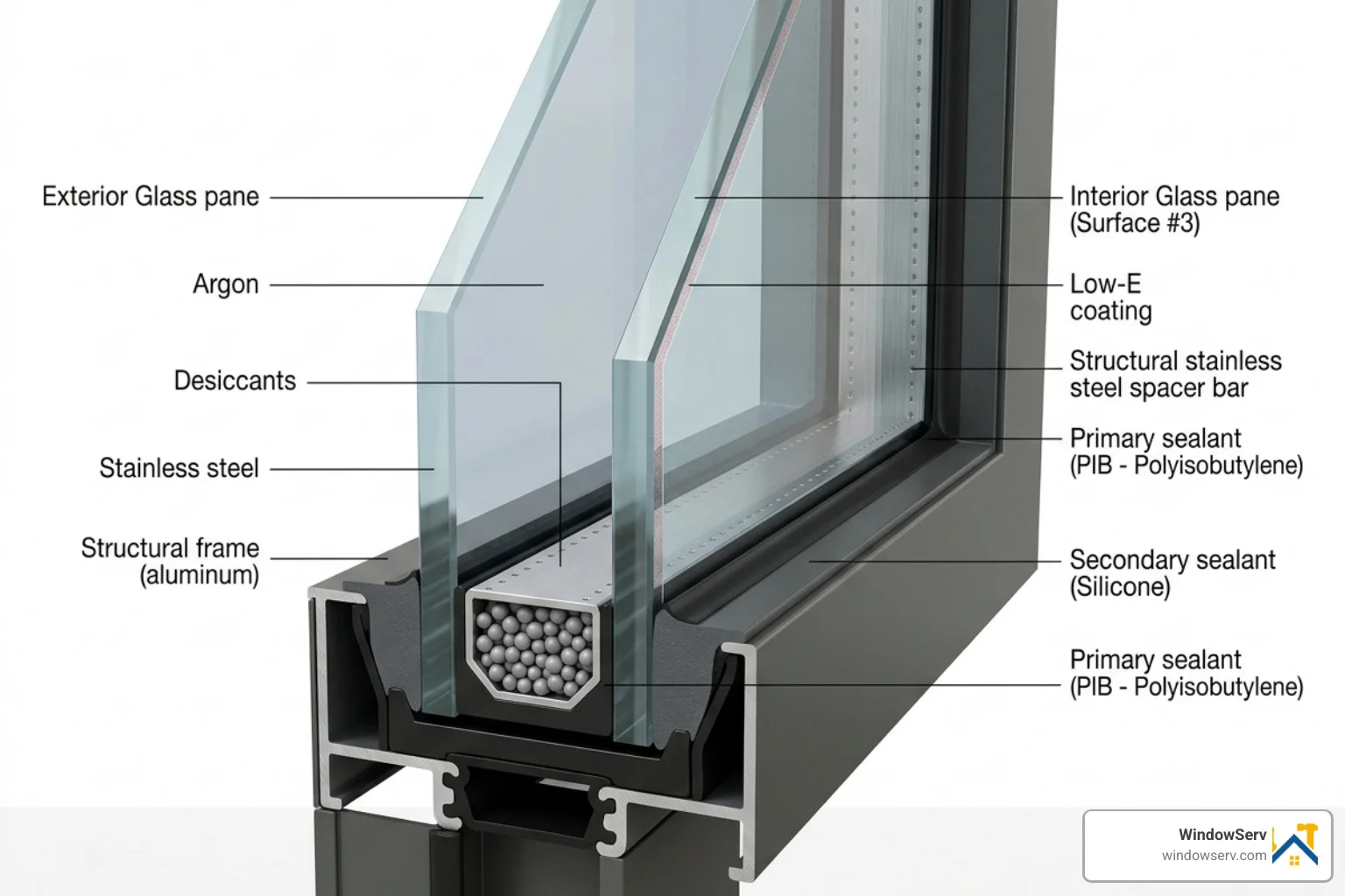 cross-section of a modern IGU showing stainless steel spacers and dual sealant layers - igu replacement