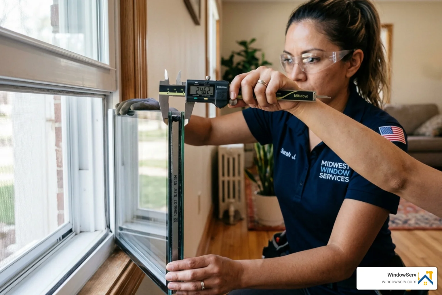 technician measuring the thickness of a double pane unit with a digital caliper - igu replacement