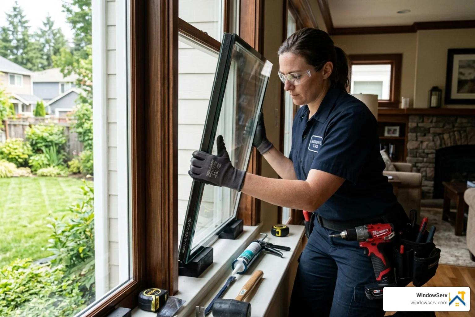 Technician carefully installing a new insulated glass unit into a residential frame - nj window repair