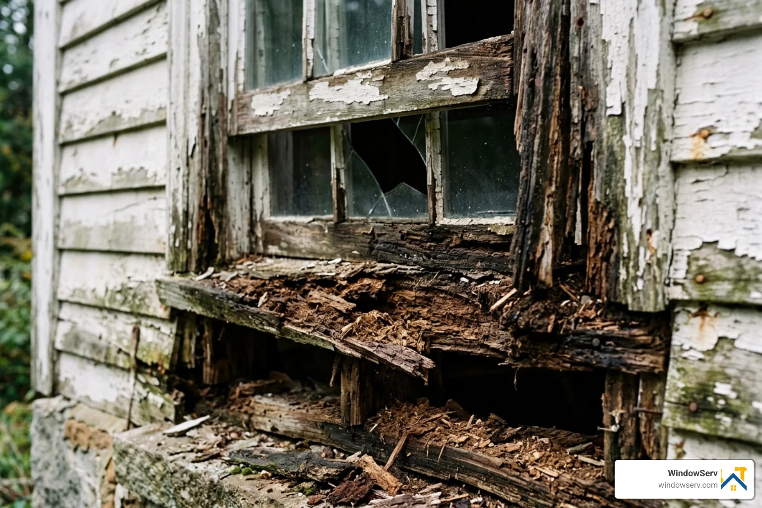 severely rotted wood window frame with structural failure - old wood window replacement
