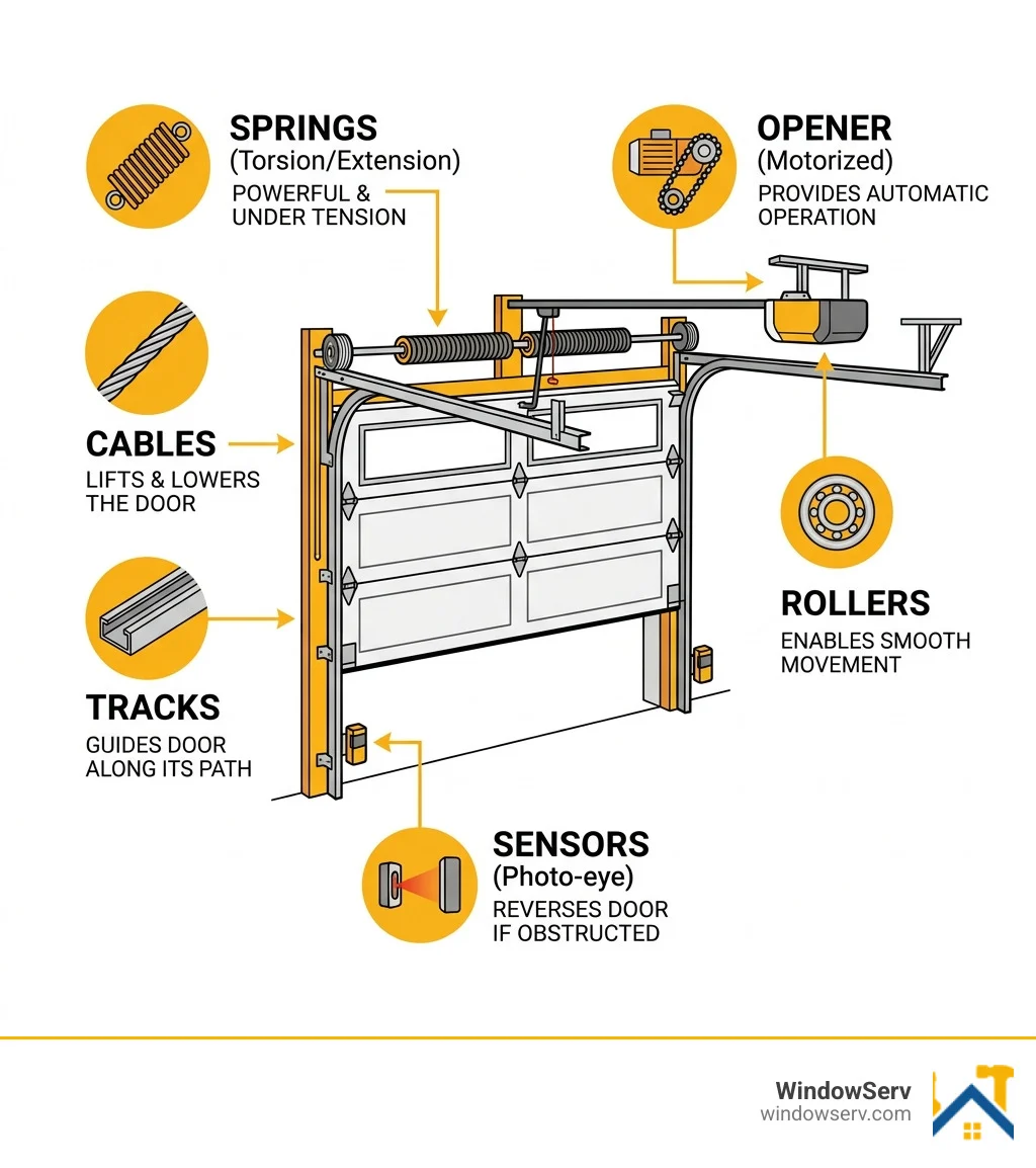 Overhead door components diagram: springs, cables, tracks, rollers, sensors, opener - overhead door repair nj infographic Overhead door components diagram: springs, cables, tracks, rollers, sensors, opener - overhead door repair nj infographic