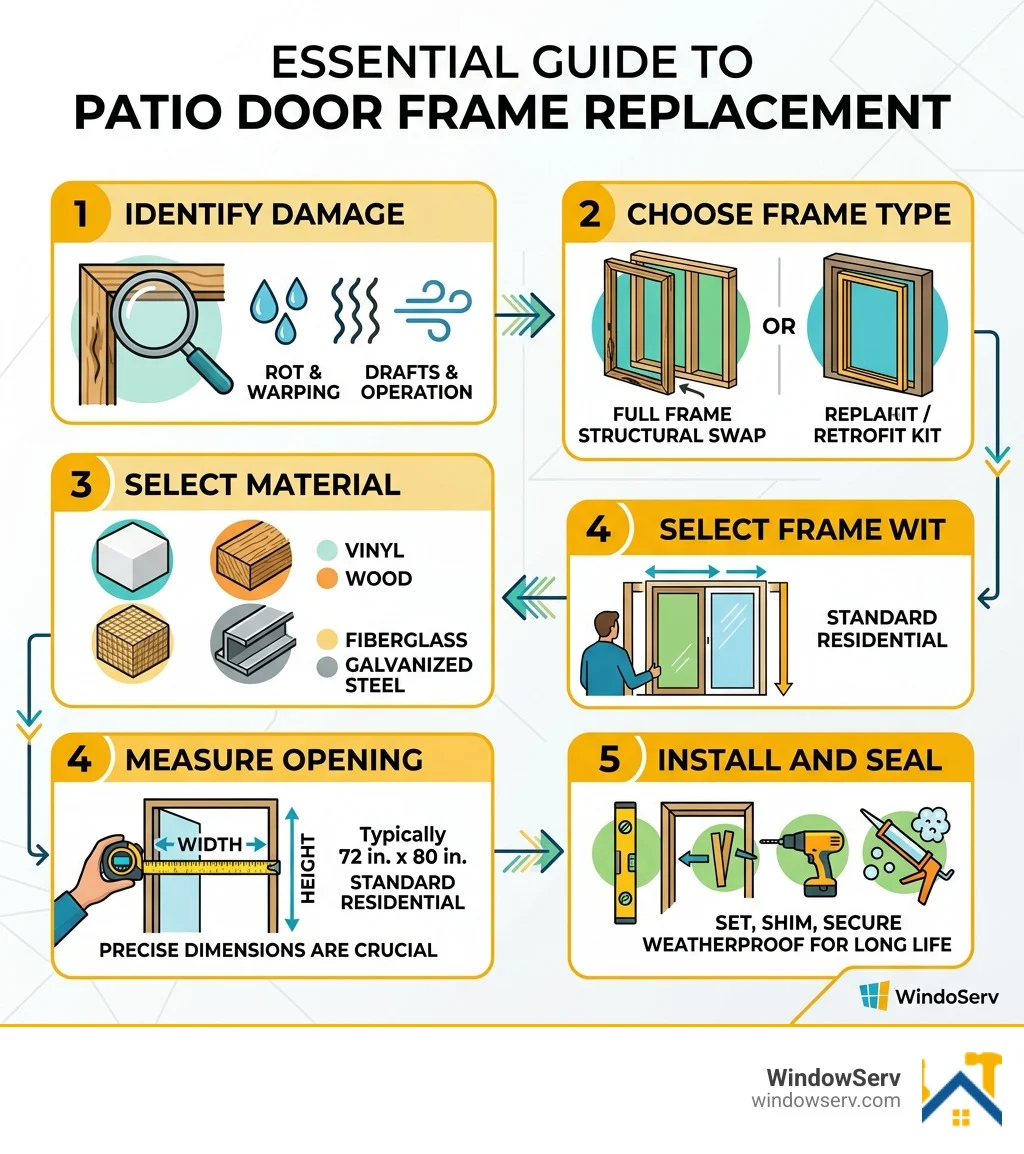 Infographic showing patio door frame replacement steps: identify damage, choose frame type, select material, measure Infographic showing patio door frame replacement steps: identify damage, choose frame type, select material, measure