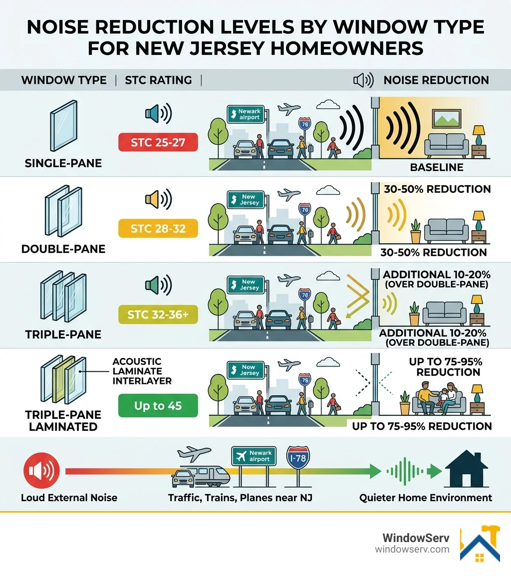 Infographic showing noise reduction levels by window type and STC rating for NJ homeowners - quiet replacement windows NJ Infographic showing noise reduction levels by window type and STC rating for NJ homeowners - quiet replacement windows NJ