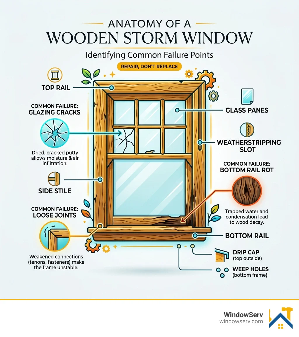 Anatomy of a wooden storm window showing common failure points like bottom rail rot, glazing cracks, and loose joints Anatomy of a wooden storm window showing common failure points like bottom rail rot, glazing cracks, and loose joints