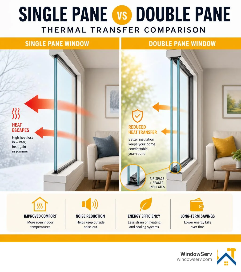 Single pane vs double pane window thermal transfer comparison infographic infographic