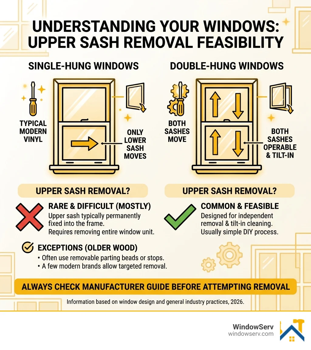 Infographic showing single-hung vs double-hung window sash differences and upper sash removal feasibility - replace upper Infographic showing single-hung vs double-hung window sash differences and upper sash removal feasibility - replace upper