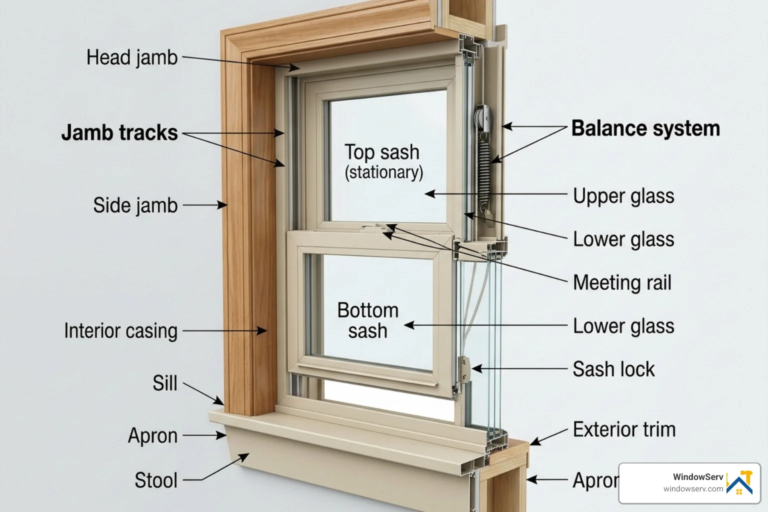 Diagram of window components showing jamb tracks, sash, and balance system - replace upper sash single hung window Diagram of window components showing jamb tracks, sash, and balance system - replace upper sash single hung window