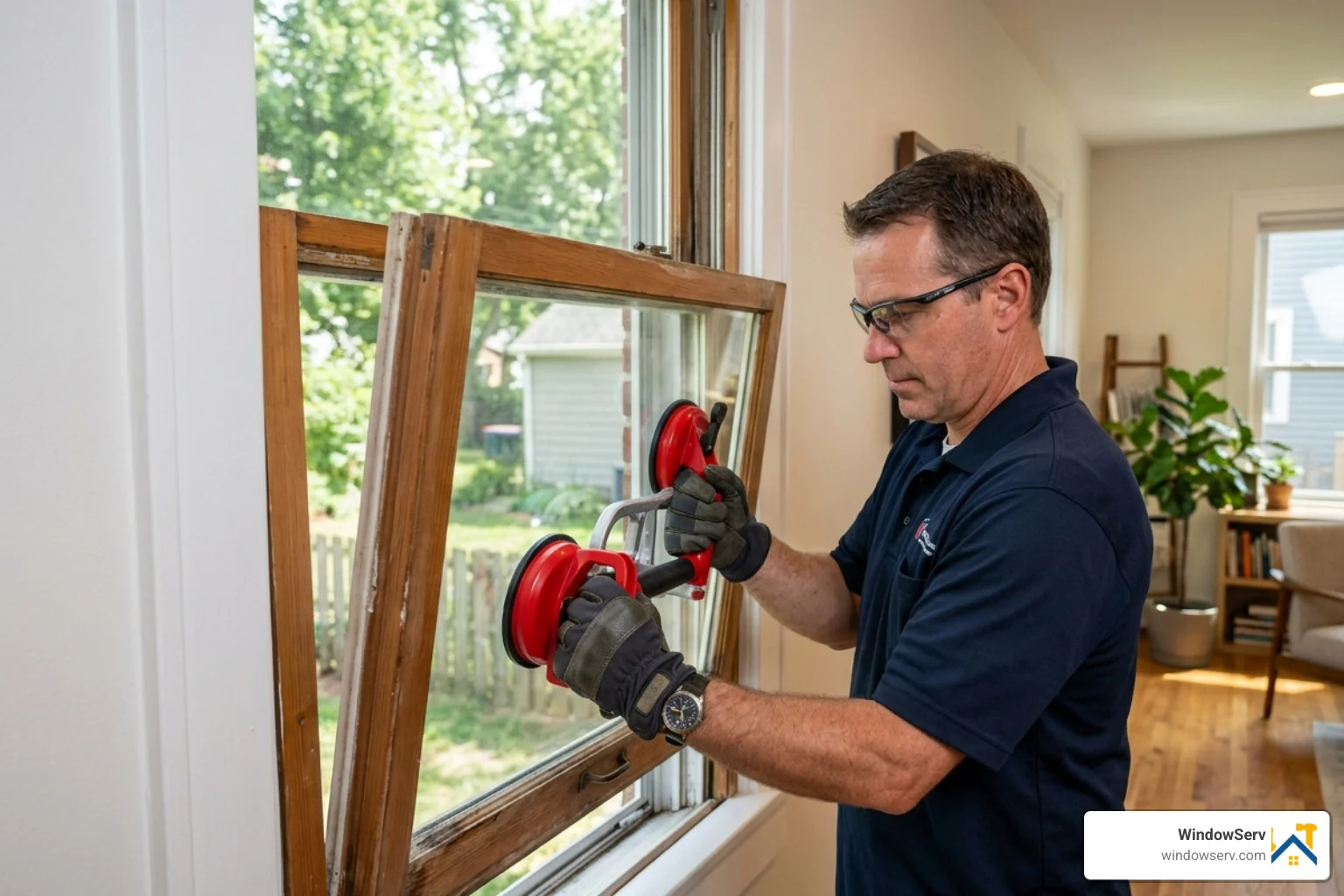 Professional using suction cups to hold a window sash during removal - replace upper sash single hung window Professional using suction cups to hold a window sash during removal - replace upper sash single hung window