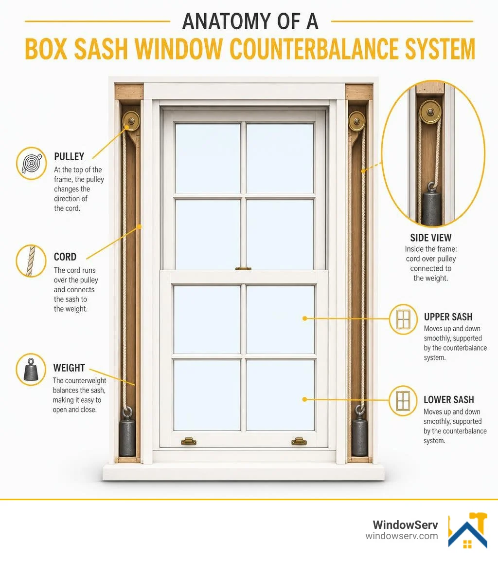 Anatomy of a box sash window counterbalance system showing cord, pulley, weights, and sashes infographic Anatomy of a box sash window counterbalance system showing cord, pulley, weights, and sashes infographic