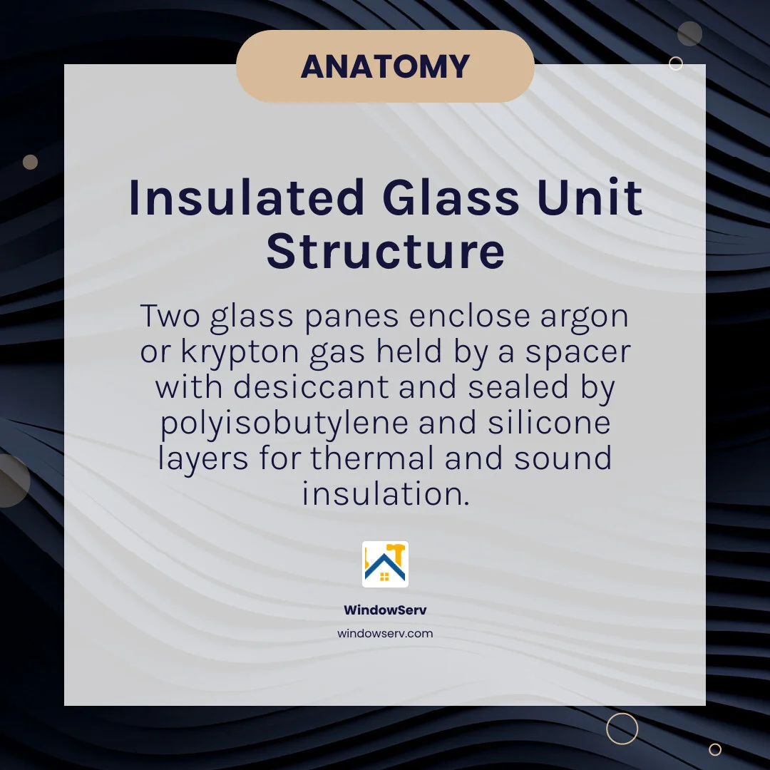 Anatomy of a thermopane insulated glass unit showing dual panes, spacer, gas fill, and seal layers infographic
