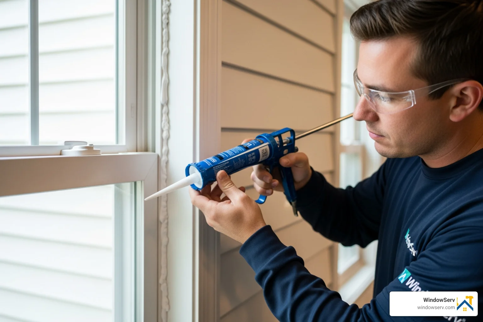Professional glazier applying high-grade silicone sealant to a window perimeter
