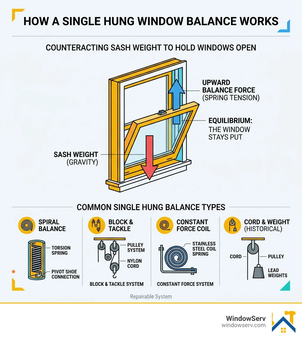 Infographic showing how a single hung window balance counteracts sash weight with balance types labeled - single hung window Infographic showing how a single hung window balance counteracts sash weight with balance types labeled - single hung window