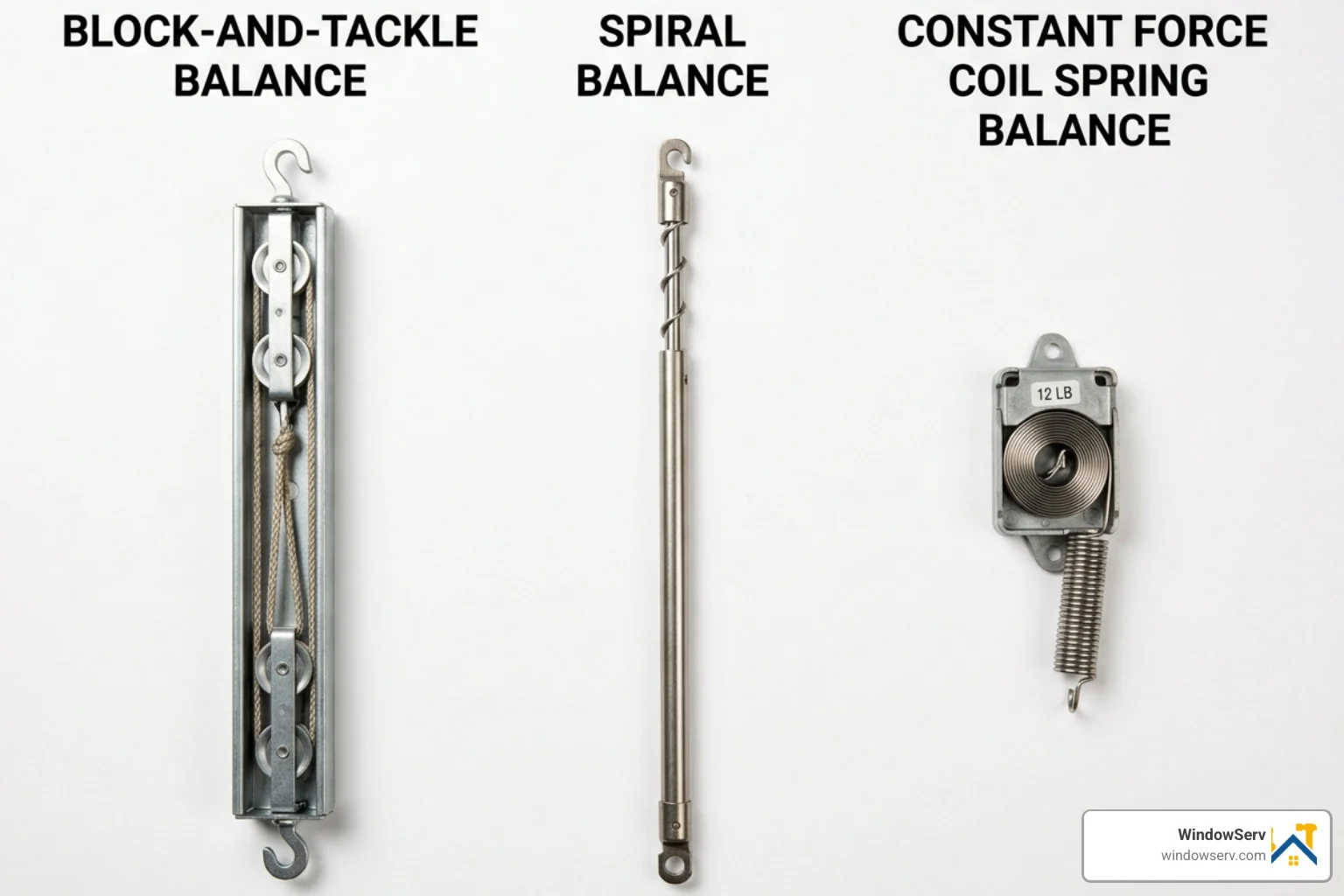 Comparison of block-and-tackle, spiral, and constant force window balances - single hung window balance repair Comparison of block-and-tackle, spiral, and constant force window balances - single hung window balance repair