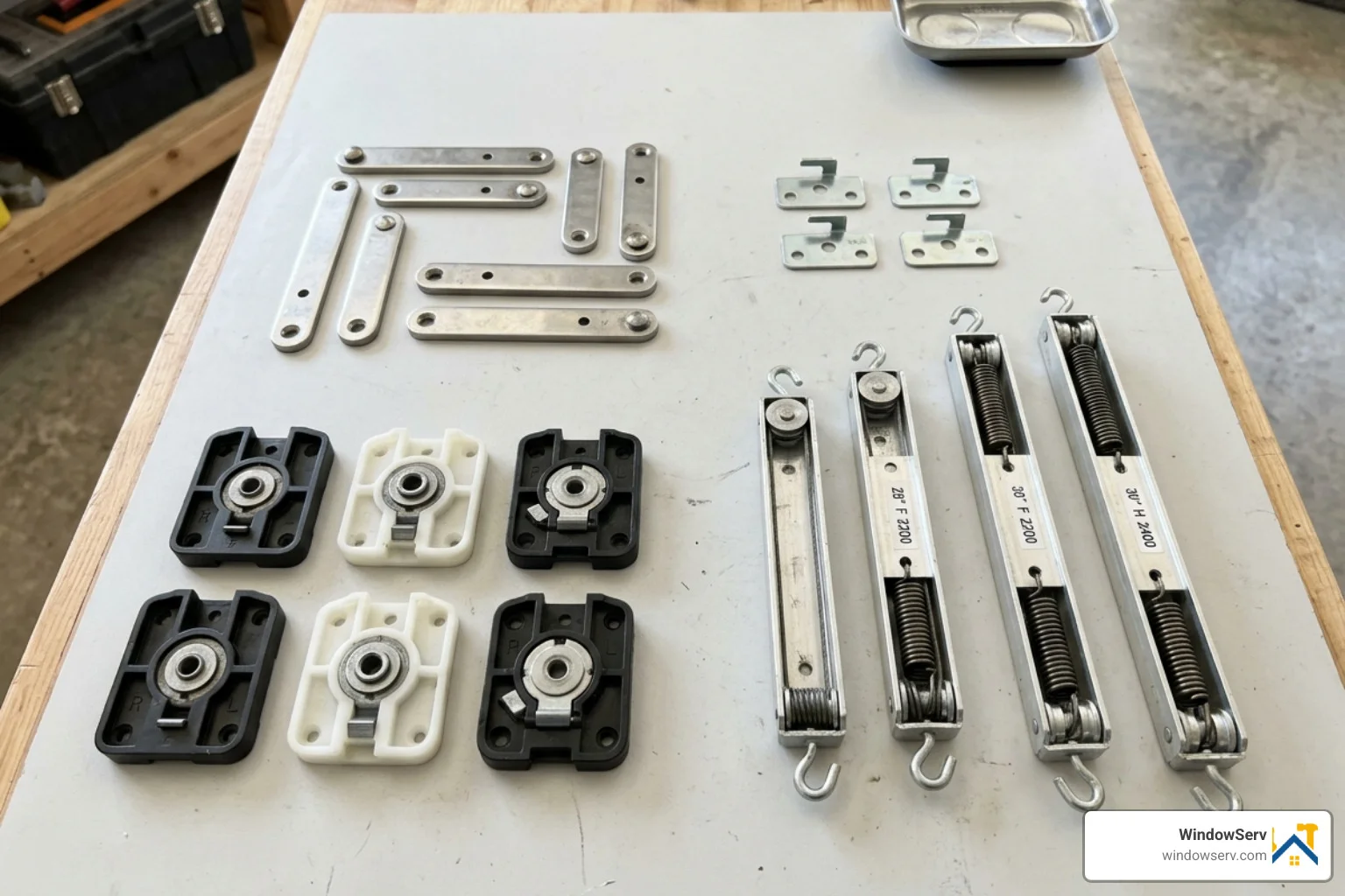 Essential window hardware components including pivot bars and shoes - single hung window balance spring replacement