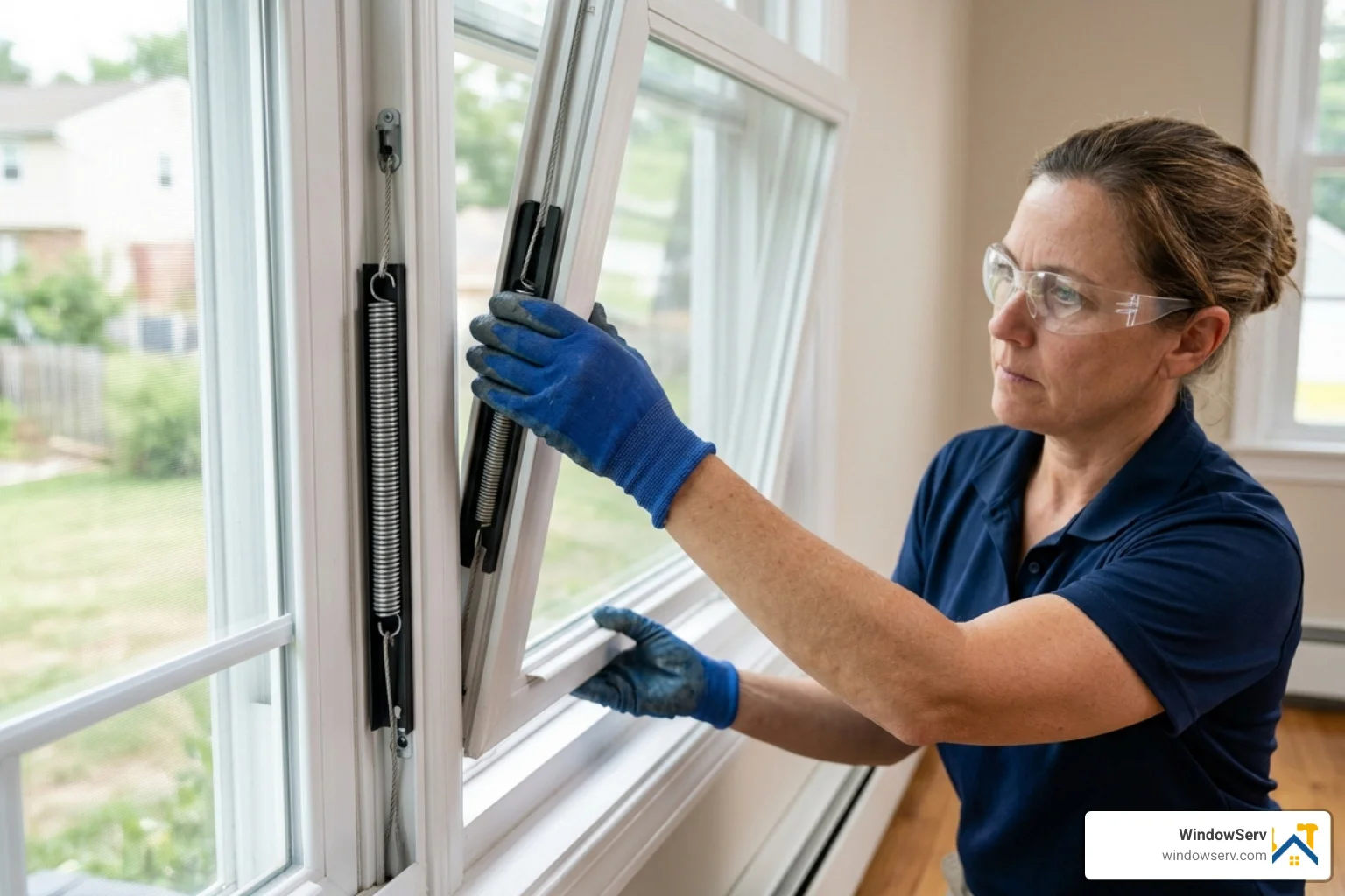 Technician installing a new constant force balance in a vinyl window - single hung window balance spring replacement