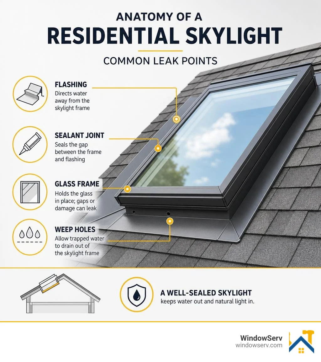 Anatomy of a residential skylight showing common leak points: flashing, sealant joint, glass frame, and weep holes