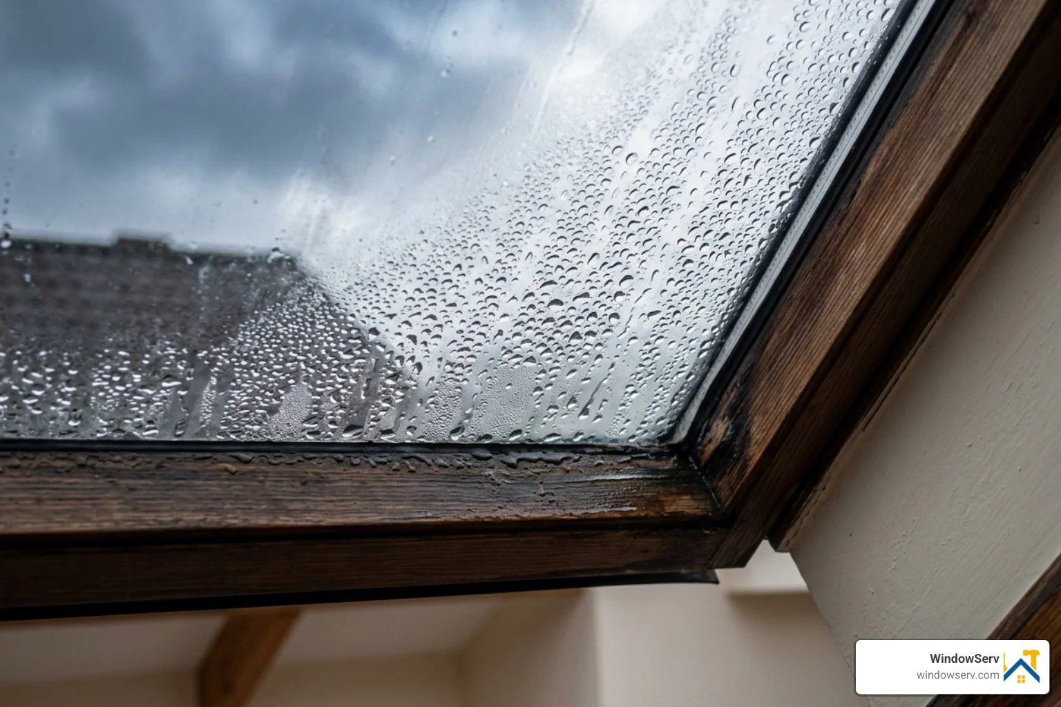condensation on a residential skylight pane showing moisture buildup