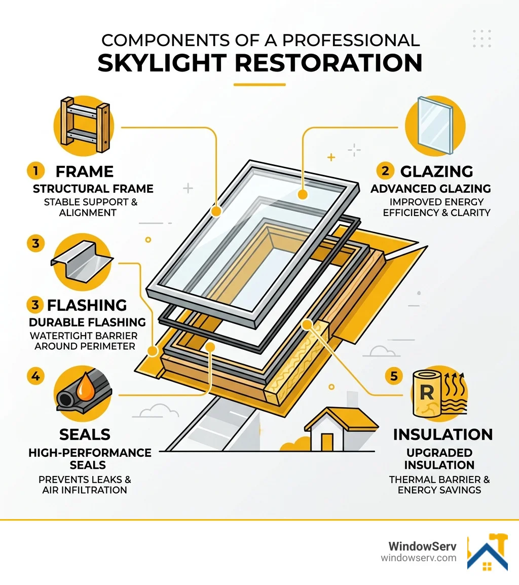Components of a professional skylight restoration: frame, glazing, flashing, seals, insulation - skylight window restoration