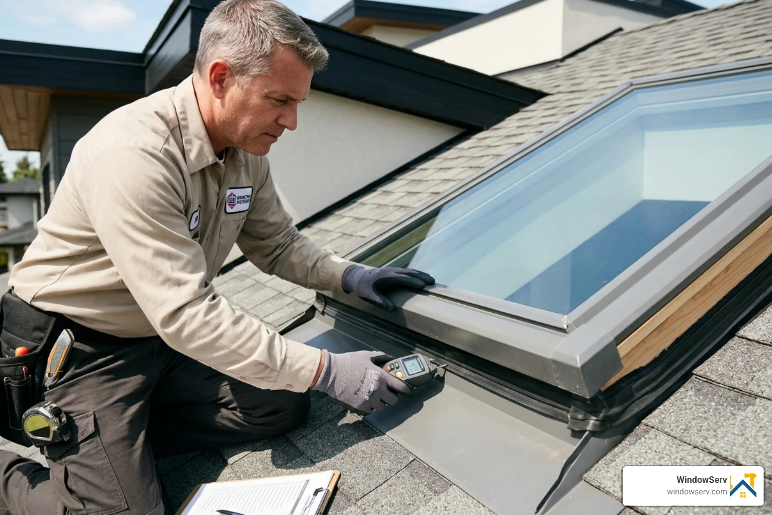 Technician inspecting a skylight frame for structural integrity and moisture barriers - skylight window restoration nj