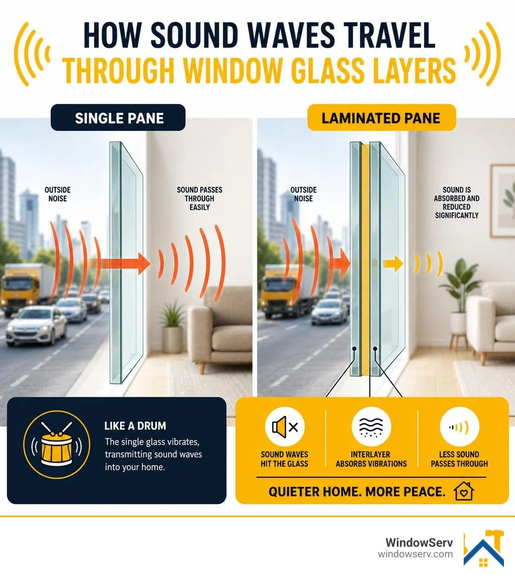How sound waves travel through window glass layers — infographic showing single vs laminated pane infographic How sound waves travel through window glass layers — infographic showing single vs laminated pane infographic