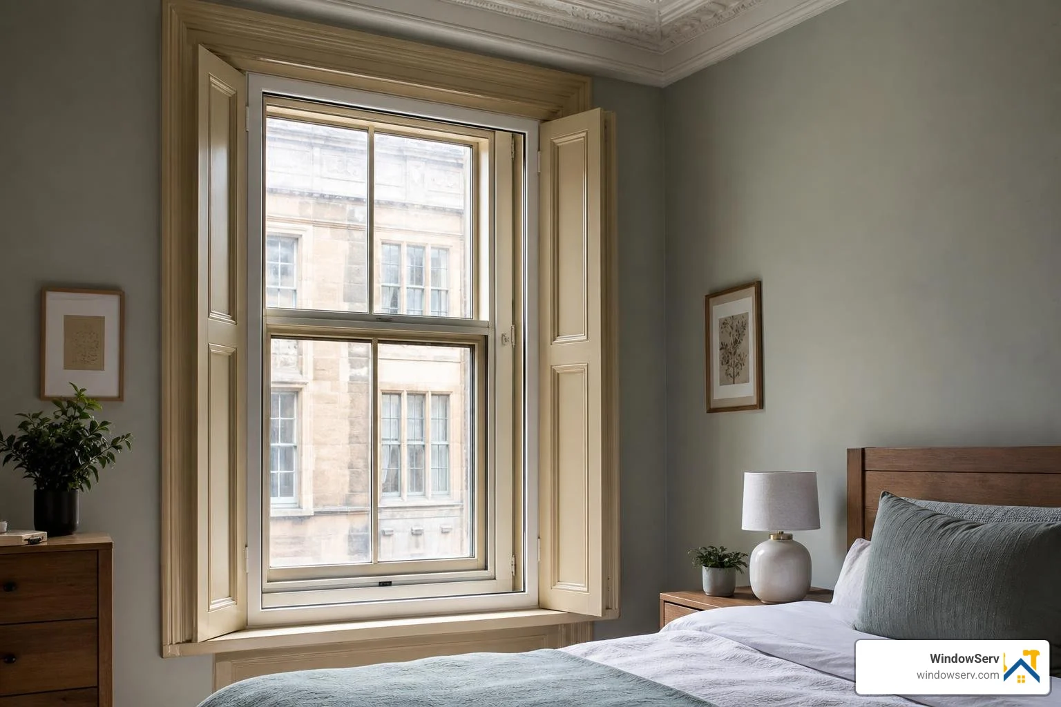 Secondary glazing installation in an urban bedroom showing historical frame preservation Secondary glazing installation in an urban bedroom showing historical frame preservation