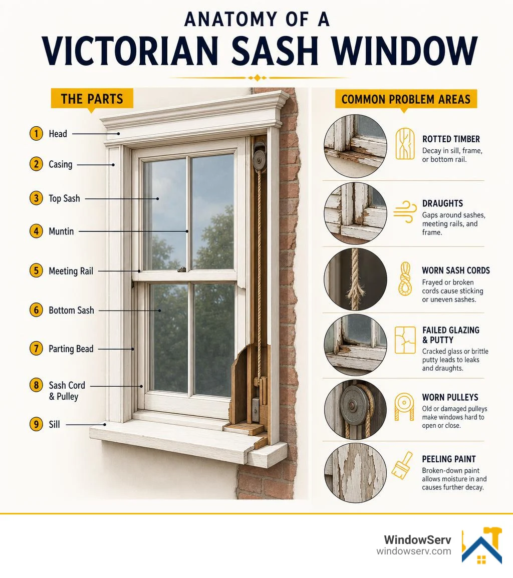 Anatomy of a Victorian sash window with labeled parts and common problem areas infographic