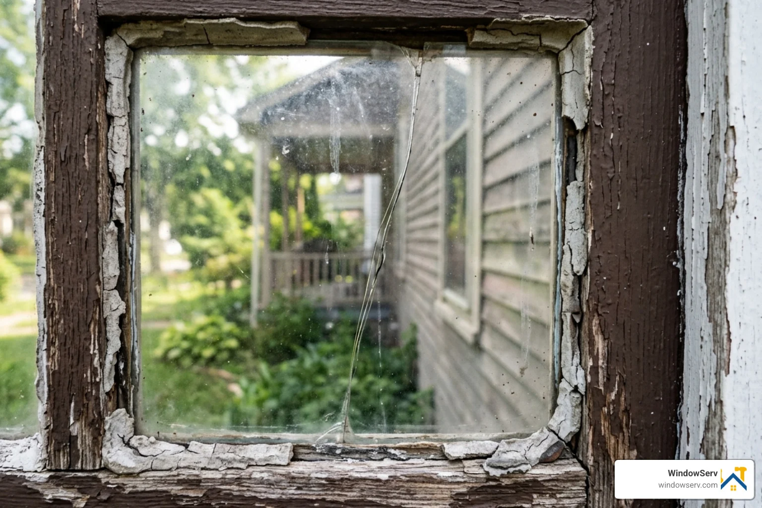 Close-up of a storm window pane showing a crack and peeling glazing - Who should I call for storm window repair and glazing Close-up of a storm window pane showing a crack and peeling glazing - Who should I call for storm window repair and glazing