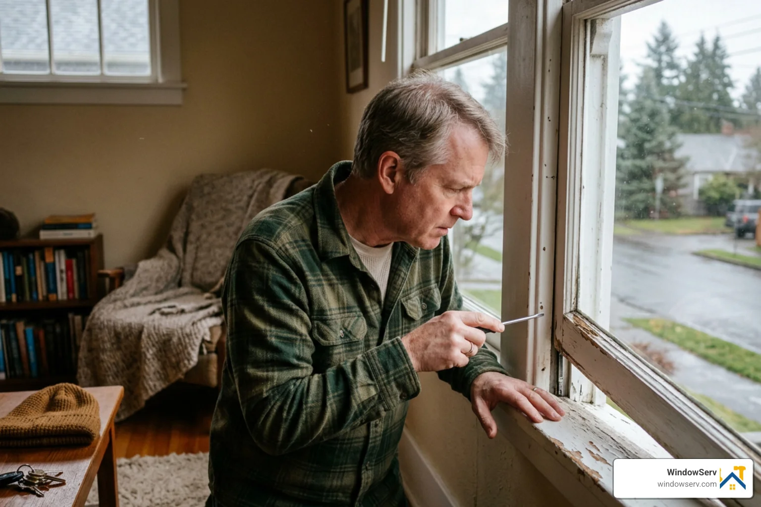 window adjustment homeowner inspecting misaligned double-hung window drafty interior