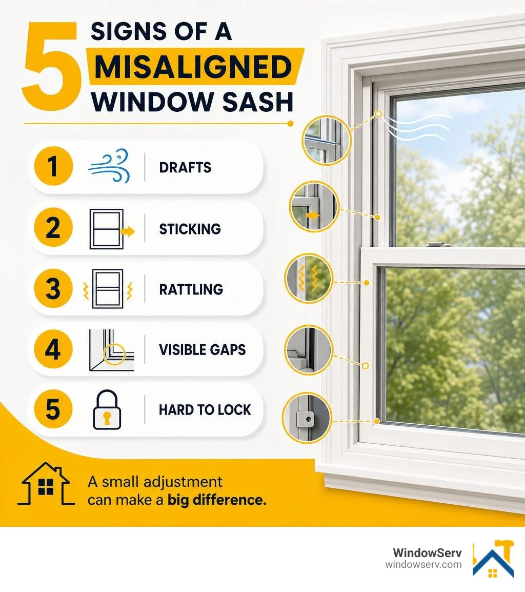 Infographic showing 5 signs of a misaligned window sash: drafts, sticking, rattling, visible gaps, hard to lock infographic