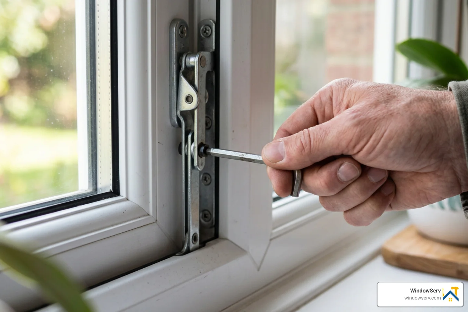hand using an Allen key to adjust a window hinge