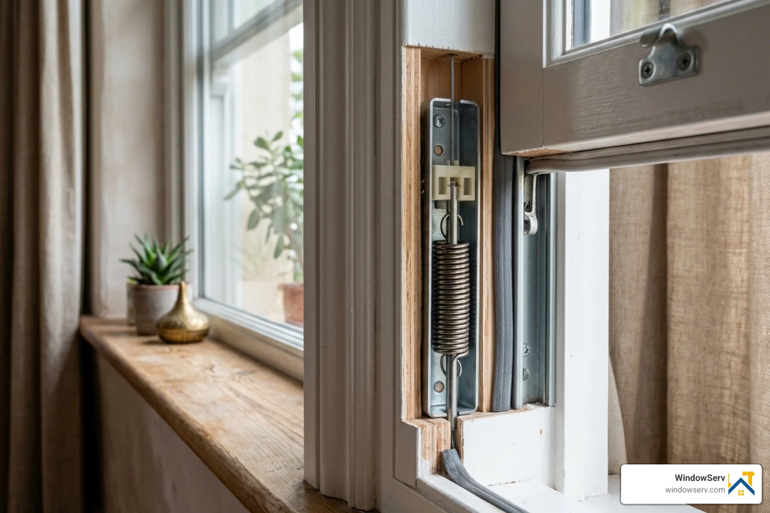 Interior view of a window jamb showing the hidden balance mechanism - window balance repair