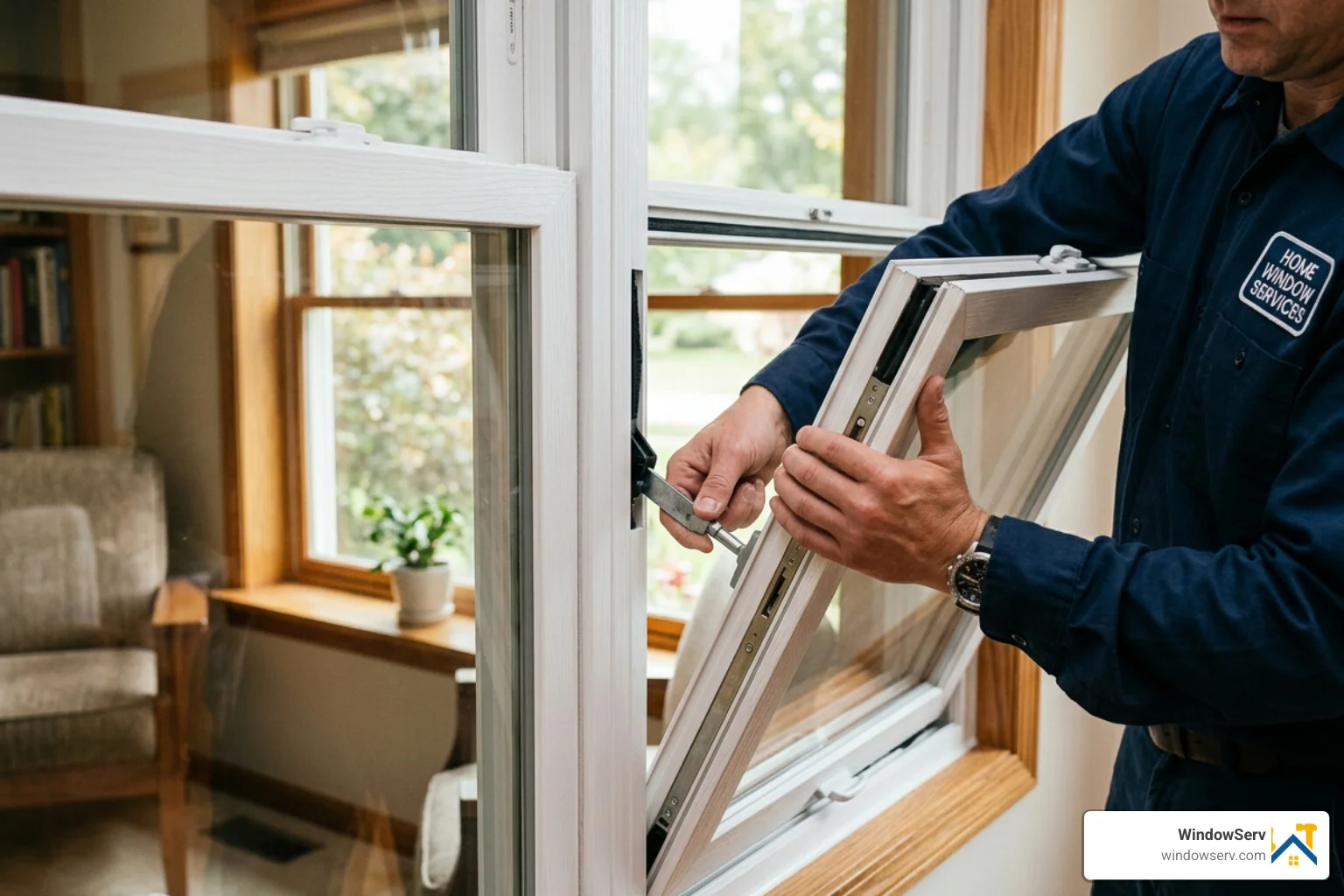 A technician removing a window sash from the frame tracks - window balance repair