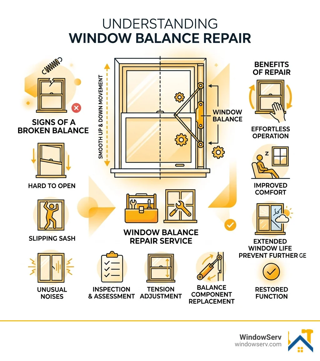 Infographic showing how window balances support the sash in single and double-hung windows - window balance repair service