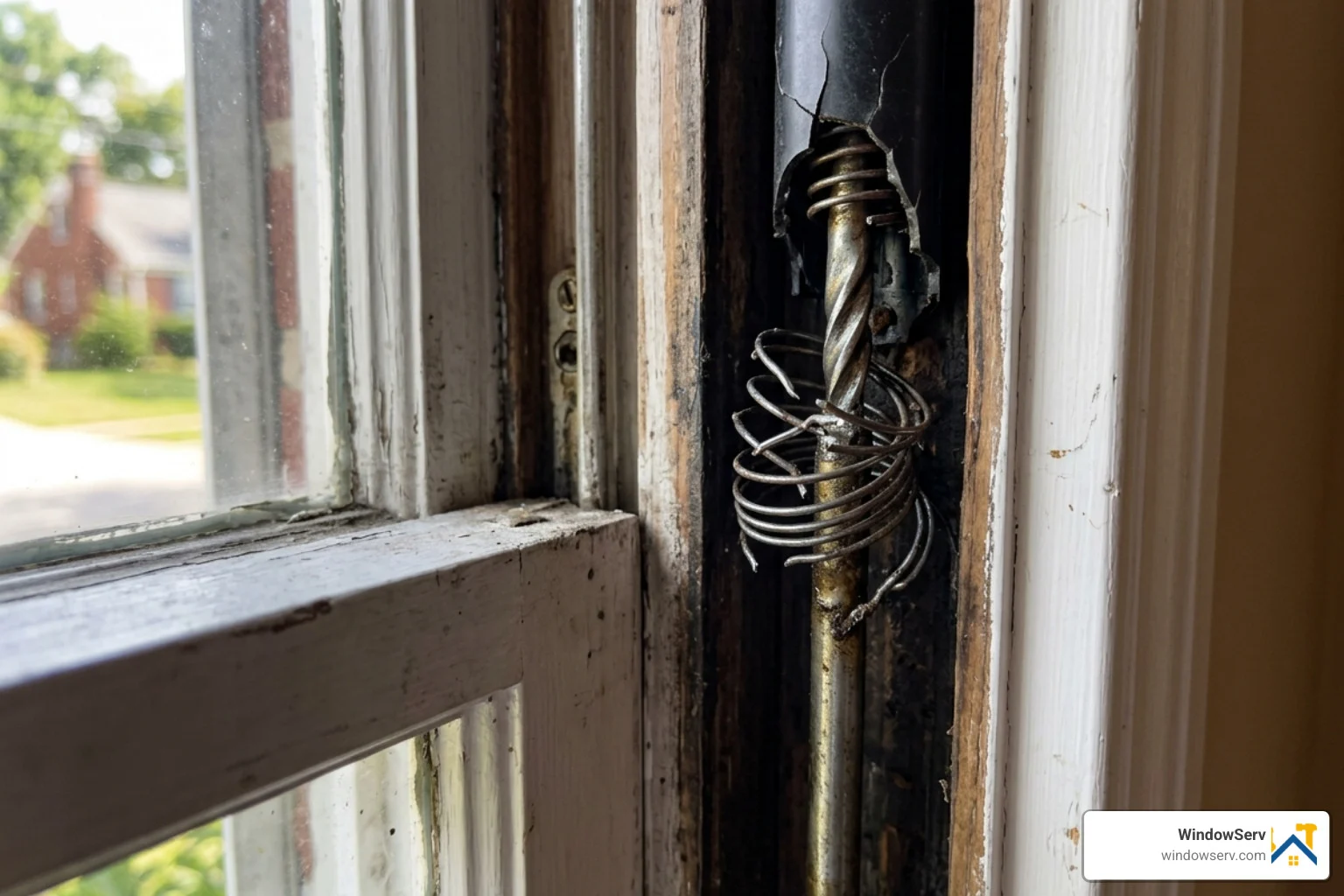 Broken spiral window balance showing damaged internal spring - window balance repair service