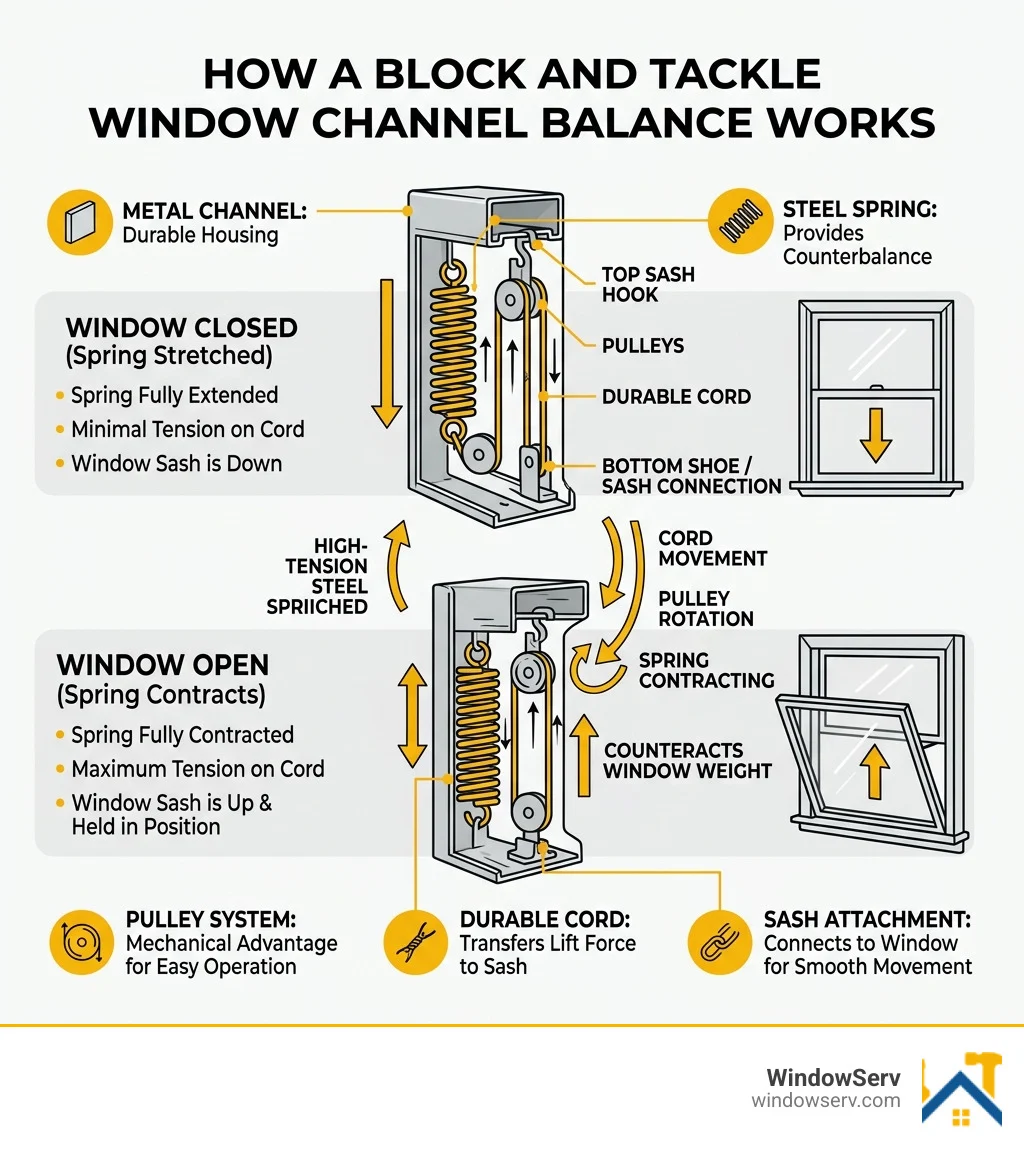 Diagram showing how a block and tackle window channel balance operates with spring, pulley, and cord system - window channel Diagram showing how a block and tackle window channel balance operates with spring, pulley, and cord system - window channel