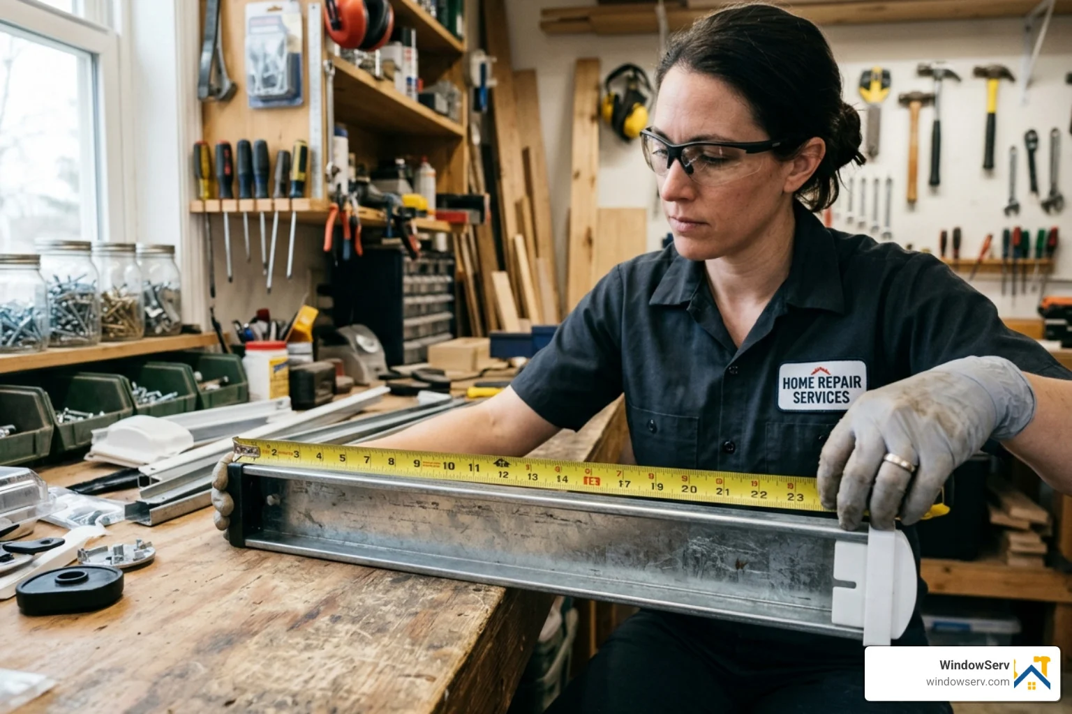 Technician measuring the metal channel of a window balance with a tape measure - window channel balance replacement Technician measuring the metal channel of a window balance with a tape measure - window channel balance replacement