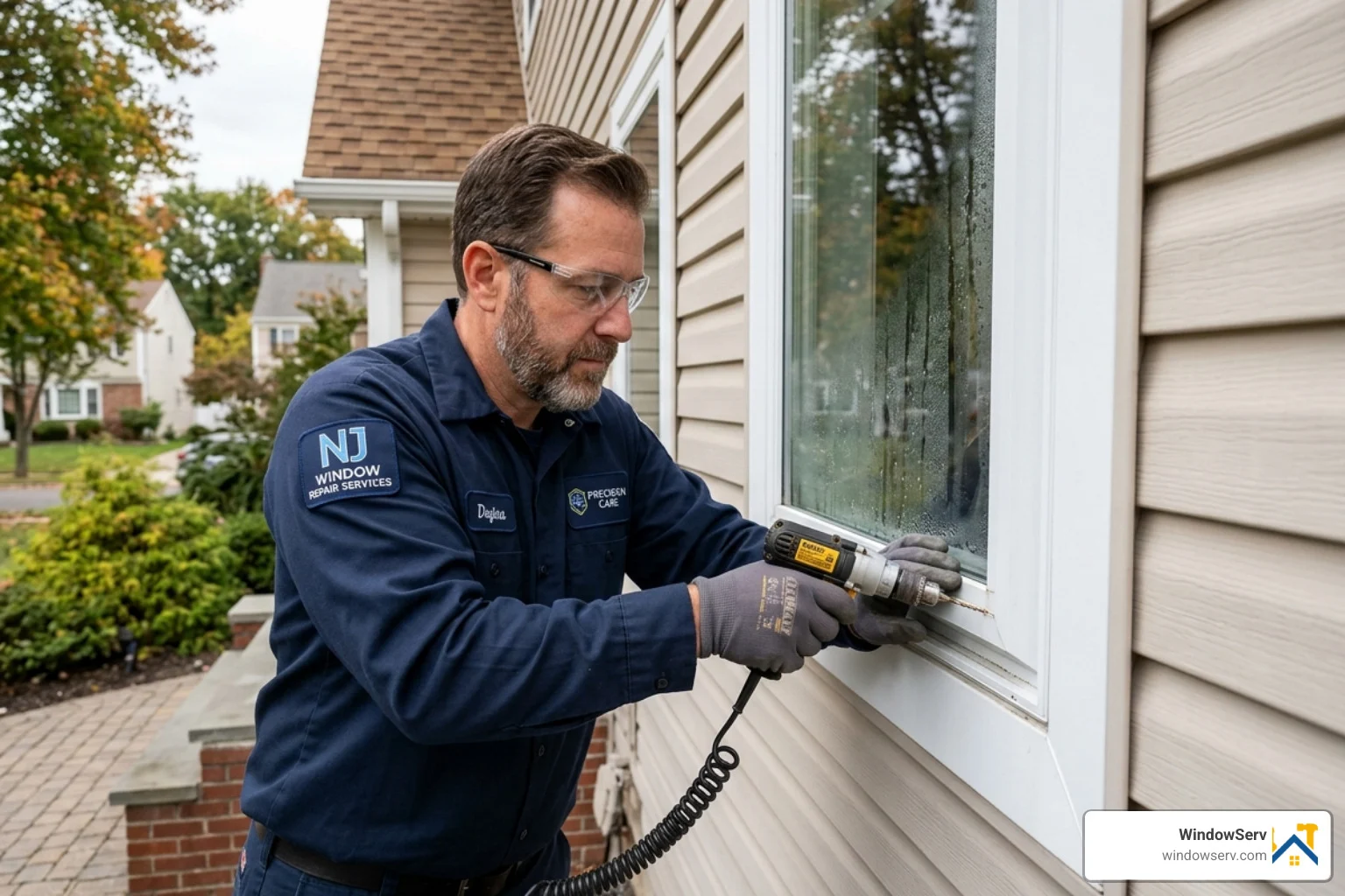Technician using a precision drill on a window pane to begin the moisture removal process - window condensation repair NJ Technician using a precision drill on a window pane to begin the moisture removal process - window condensation repair NJ