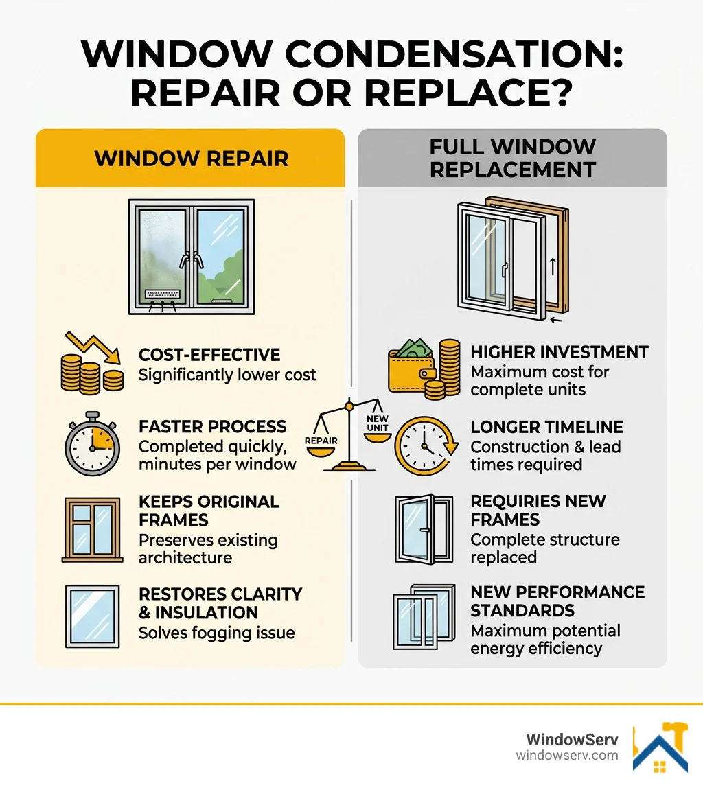 Infographic comparing the costs and benefits of window repair vs. full window replacement - window condensation repair NJ Infographic comparing the costs and benefits of window repair vs. full window replacement - window condensation repair NJ