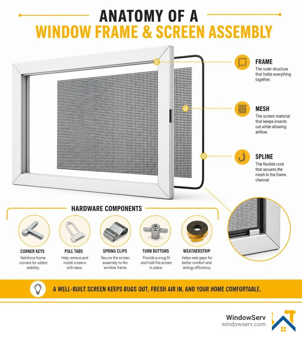 Anatomy of a window frame and screen assembly showing frame, mesh, spline, and hardware components infographic Anatomy of a window frame and screen assembly showing frame, mesh, spline, and hardware components infographic