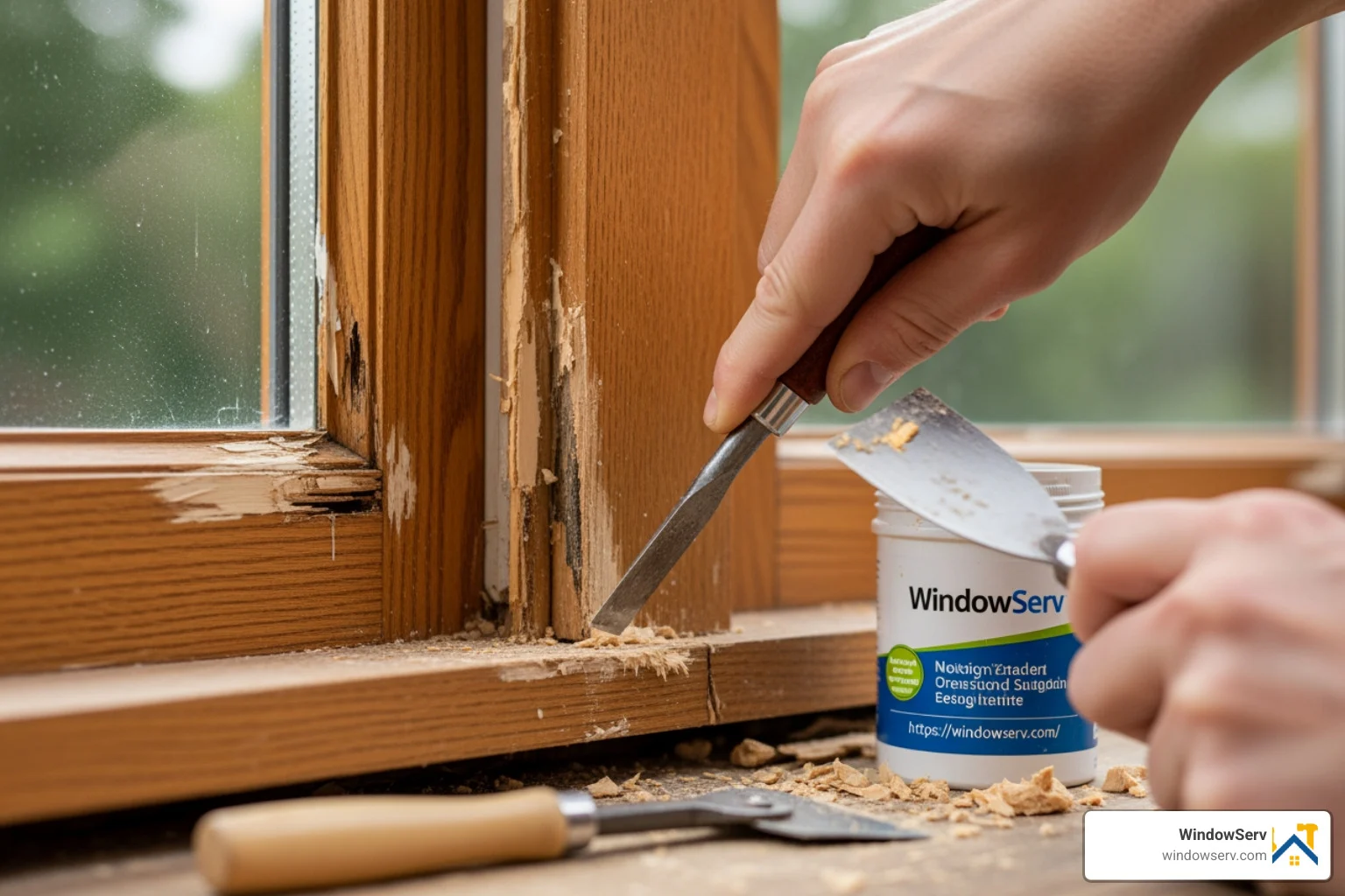 wood window frame repair under way with tools