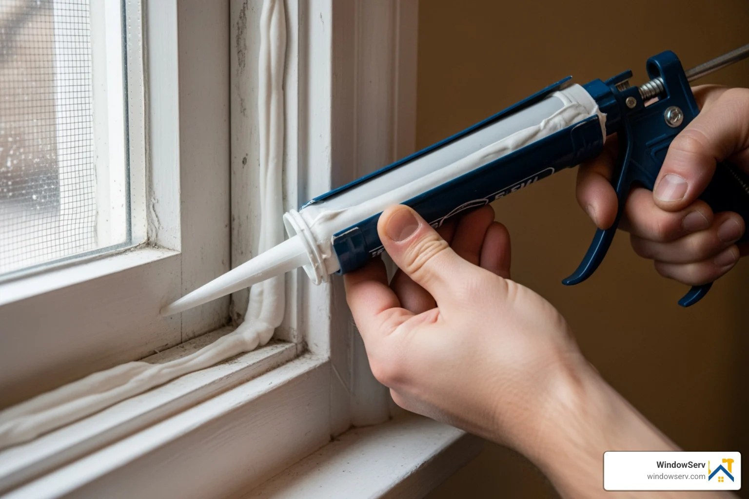 drafty window being sealed with caulk gun