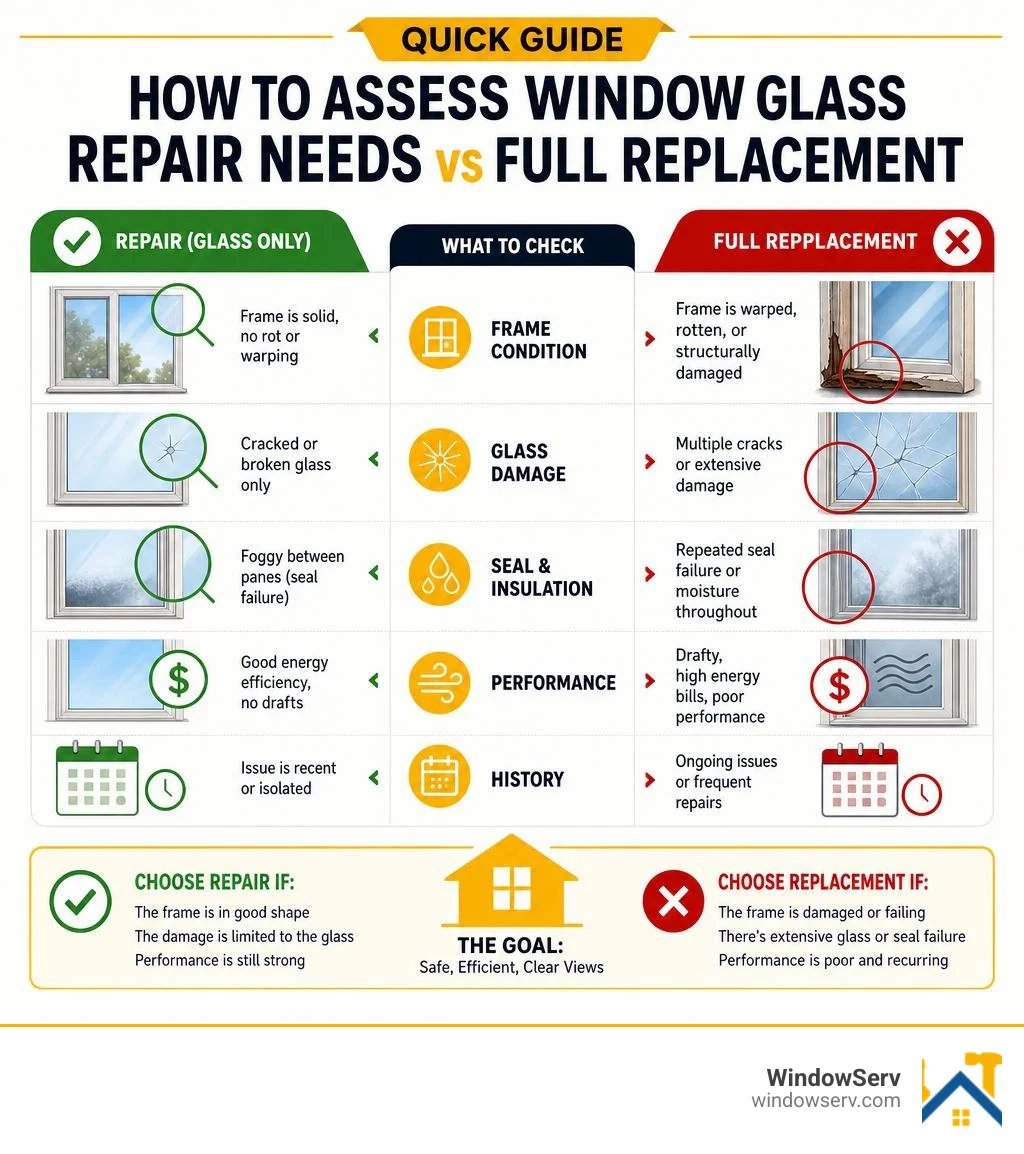 Quick guide infographic: how to assess window glass repair needs vs full replacement infographic Quick guide infographic: how to assess window glass repair needs vs full replacement infographic