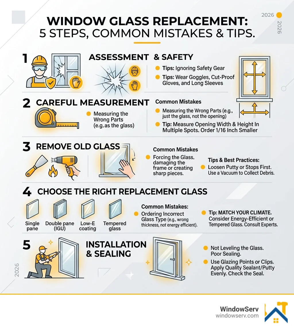 Infographic showing 5 steps of window glass replacement process with common mistakes and tips infographic
