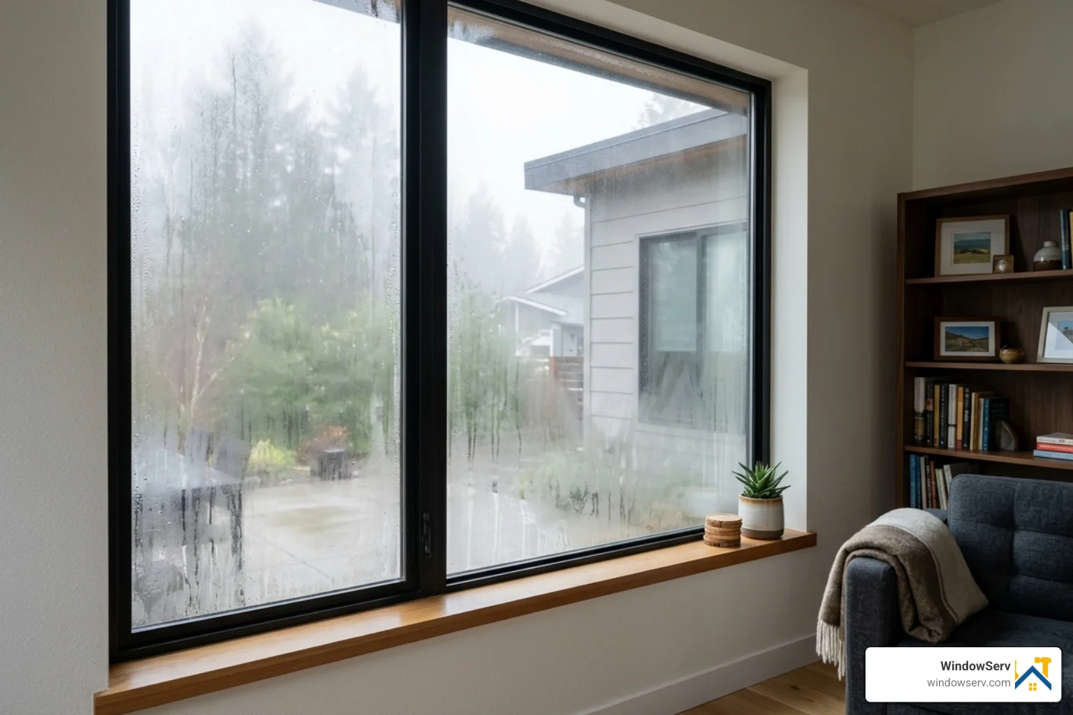 foggy double-pane glass window in a modern home