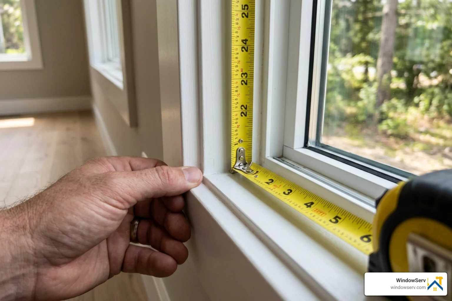 tape measure measuring the inside of a window frame