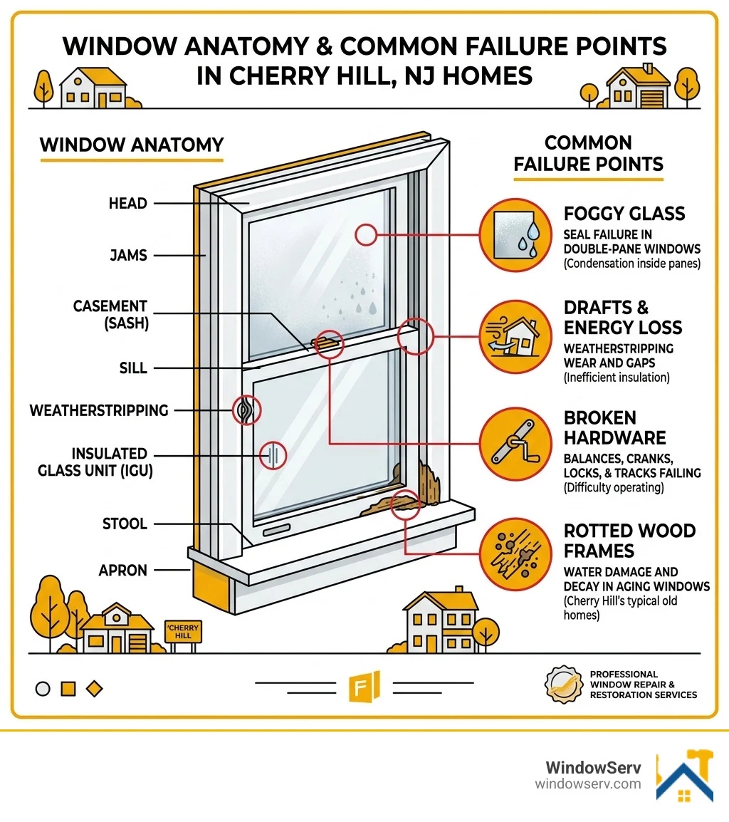 Infographic showing window anatomy and the most common failure points in Cherry Hill NJ homes - window repair cherry hill nj Infographic showing window anatomy and the most common failure points in Cherry Hill NJ homes - window repair cherry hill nj