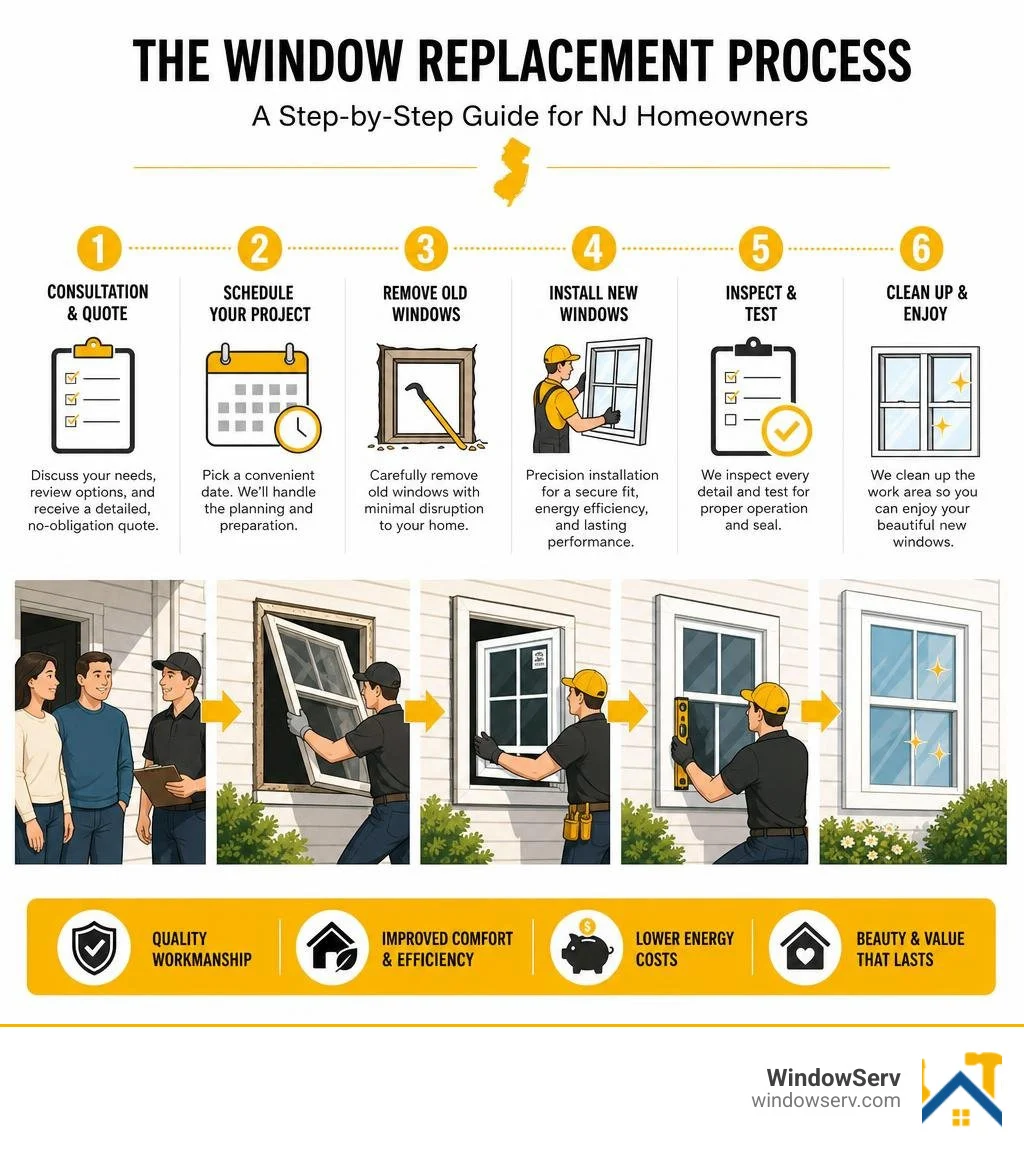 Step-by-step window replacement process infographic for NJ homeowners infographic Step-by-step window replacement process infographic for NJ homeowners infographic