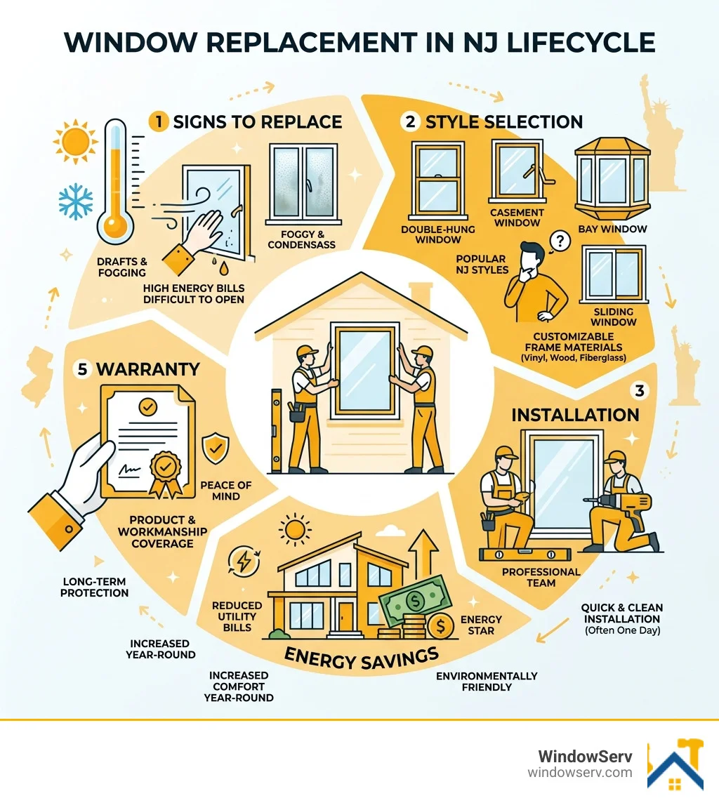 Window replacement in NJ lifecycle infographic: signs to replace, style selection, installation, energy savings, warranty