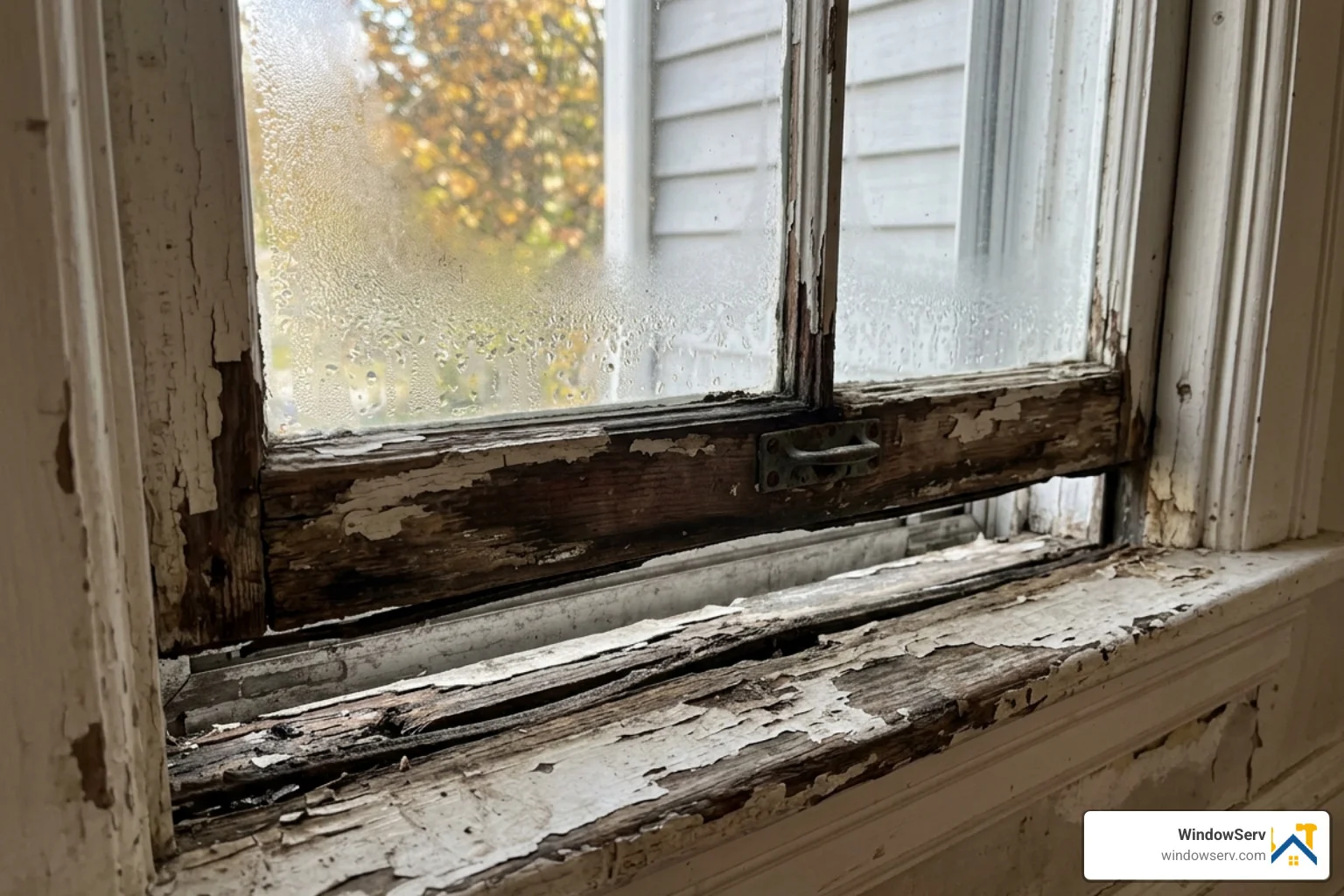 Close up of drafty window frame with peeling paint and visible air gaps - window replacement in nj