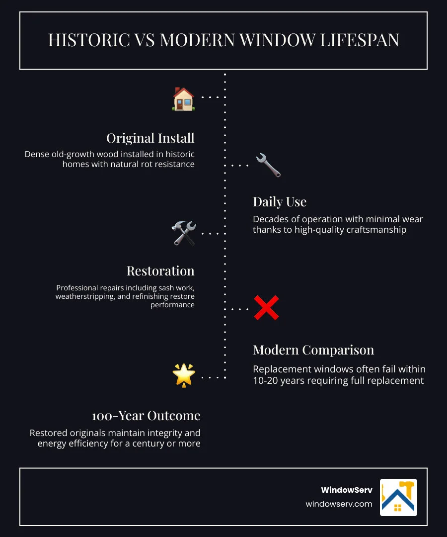 Lifecycle infographic comparing historic restored windows vs. modern replacement windows over 100 years infographic